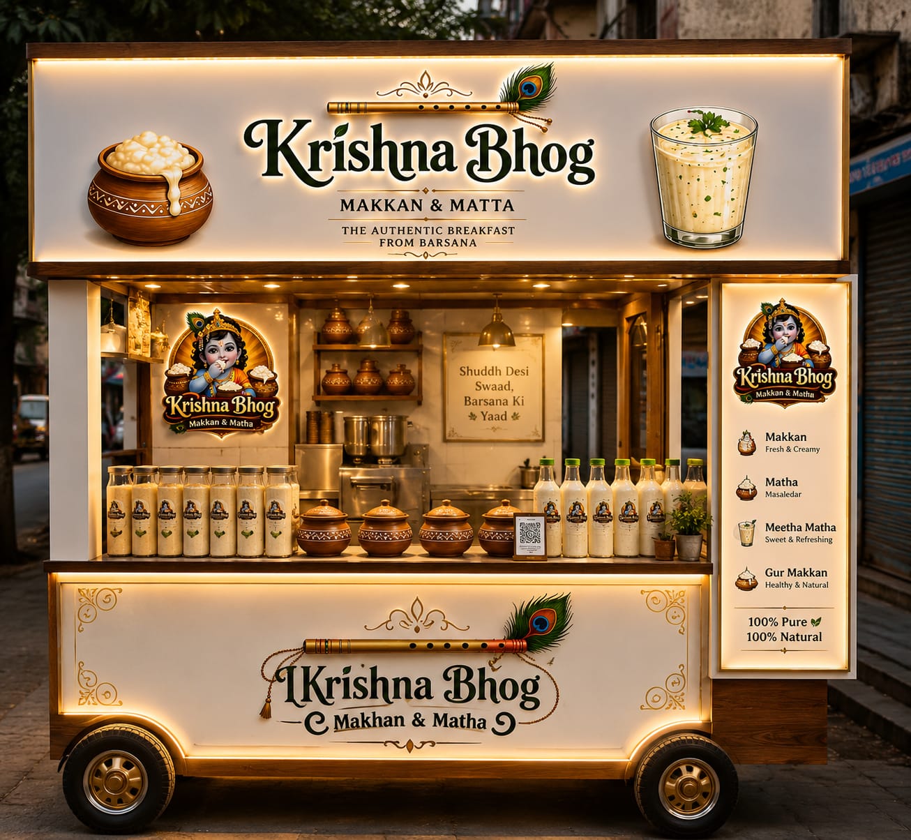 Fresh mattha bottles and matkas on the cart