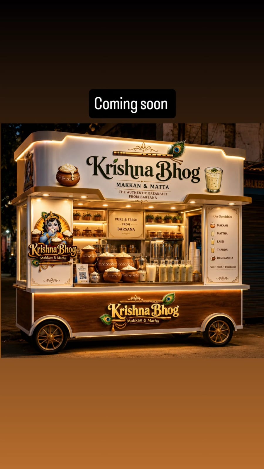 Krishna Bhog cart lit up at night — coming soon